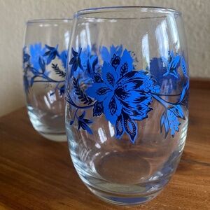 2 Royal Norfolk Blue Floral Cristar Mikonos Stemless Wine Water Juice Glass